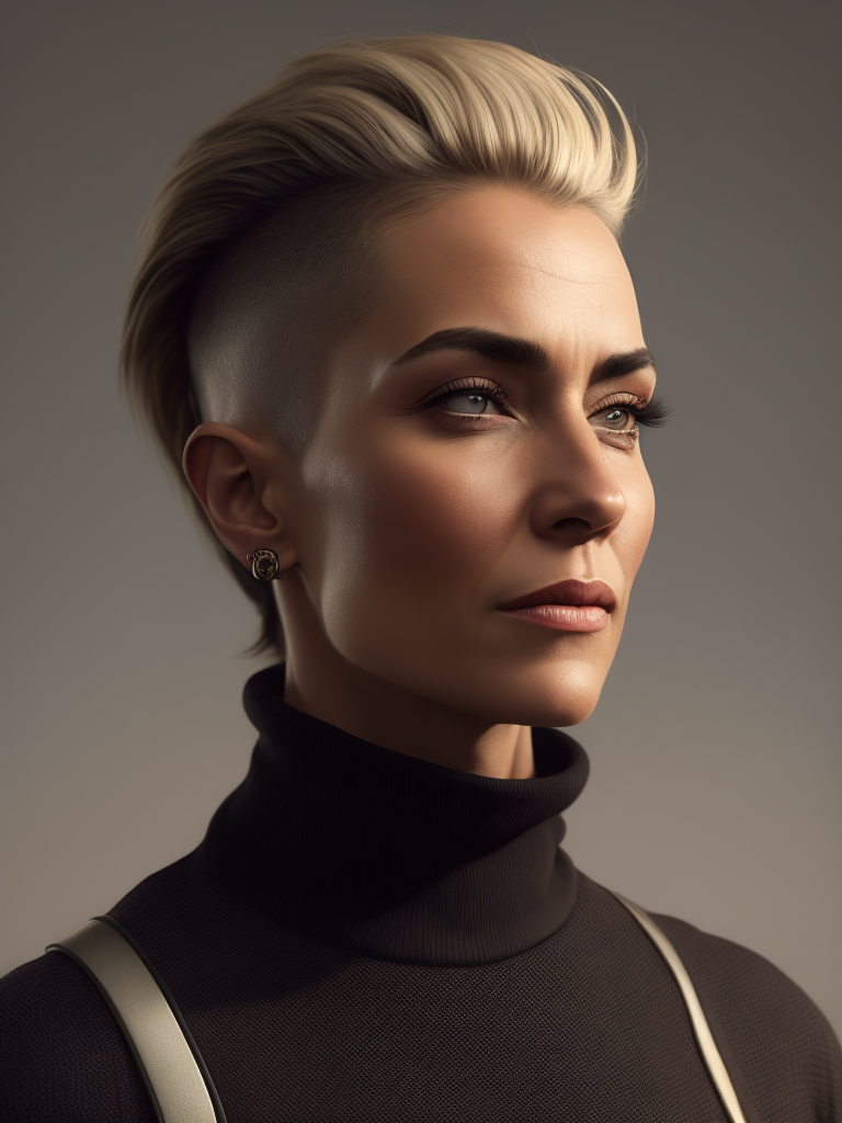 a 42 yo woman, blonde, (hi-top fade:1.3), dark theme, soothing tones, muted colors, high contrast, (natural skin texture, hyperrealism, soft light, sharp)