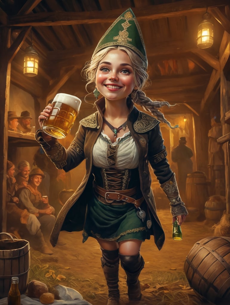 anglo saxon woman on Cute Poster Art for Oktober Fest in the German countryside, girl dressed in traditional tracht and drinking beer, new exciting angle illustrated by Skottie Young