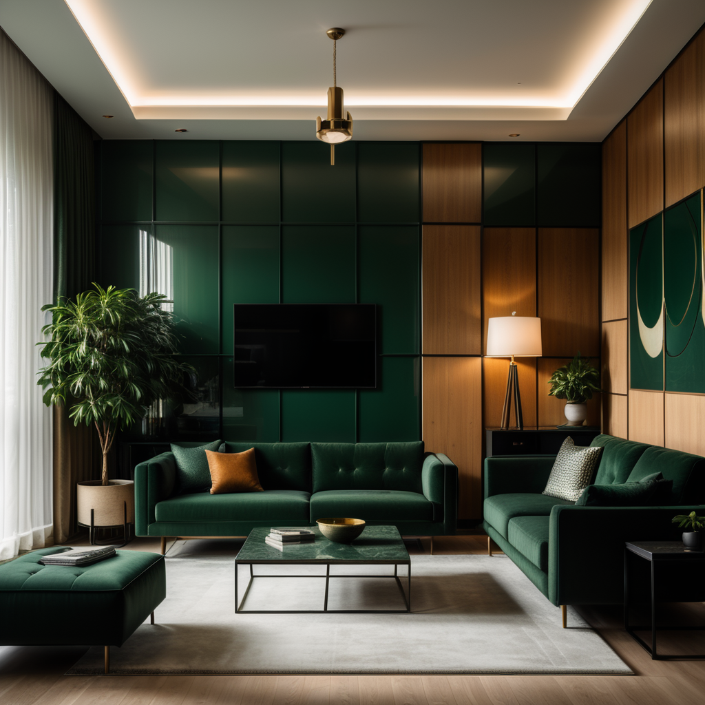Interior design of a living room, bauhaus style, dark green.