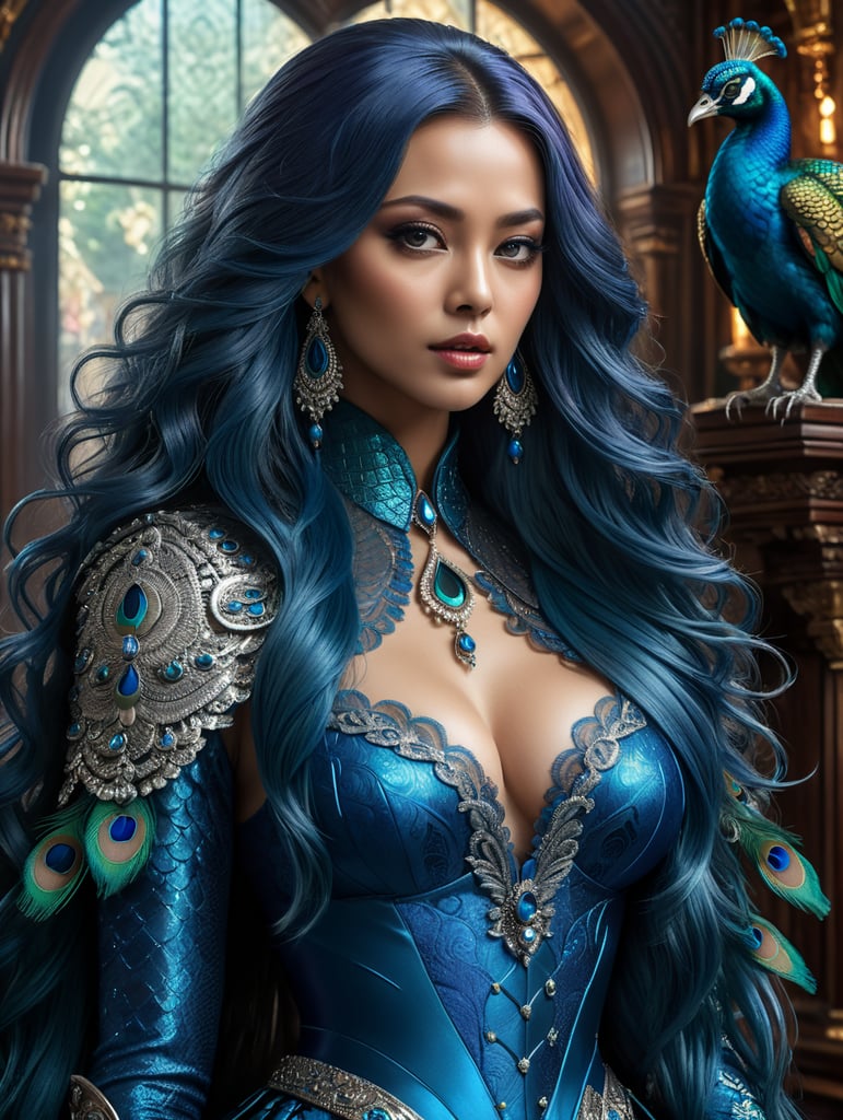use Solicitor Peacock as a latina woman with blueish long hair and blue peacock elements from the new version of cluedo as if they were in a kpop band