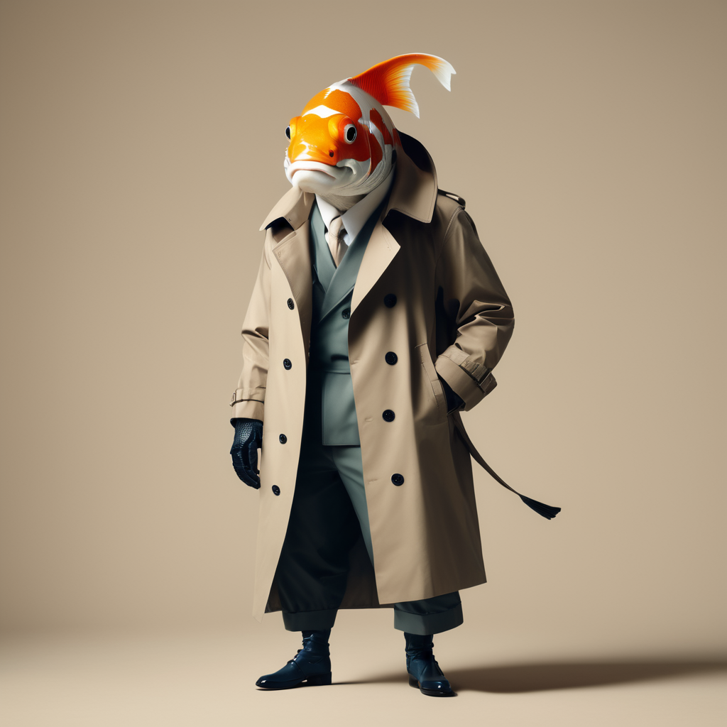 A koi fish with legs wearing a trench coat