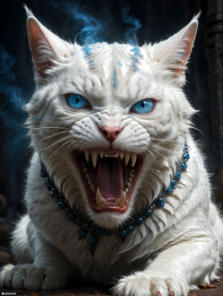 White cat with blue eyes very angry and big