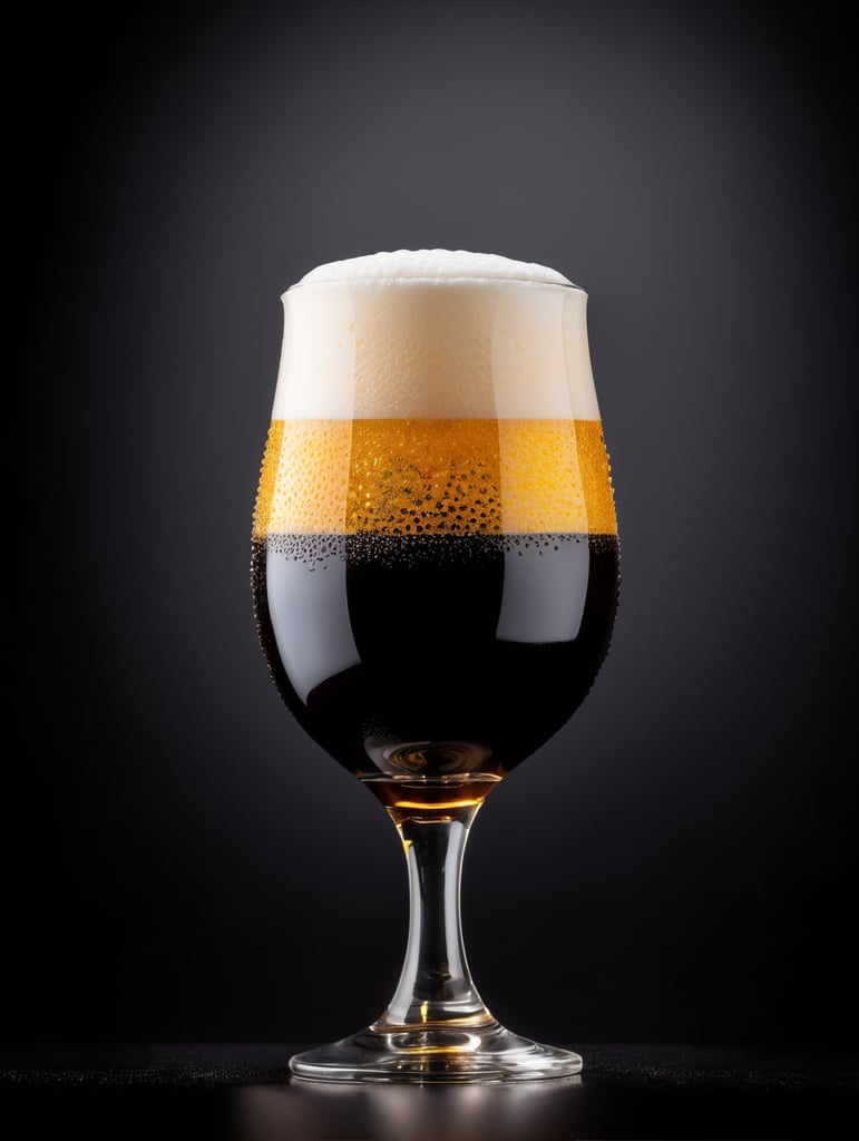 professional photo of a black beer glass, Beer foam coming out of a glass, isolated, black background