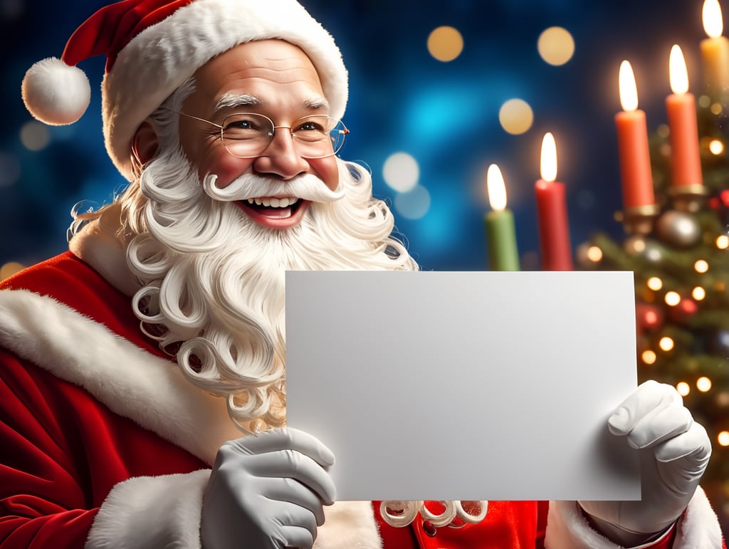 Portrait of Santa Claus smiling, White Background, holding a white business card, whimsical facial expression, flowing white beard, jolly caricature, saturated colors, red outfit, sharp focus, portrait photography, depth of field, dramatic candlelit lighting, incredibly high detailed, blue background, blurred background,