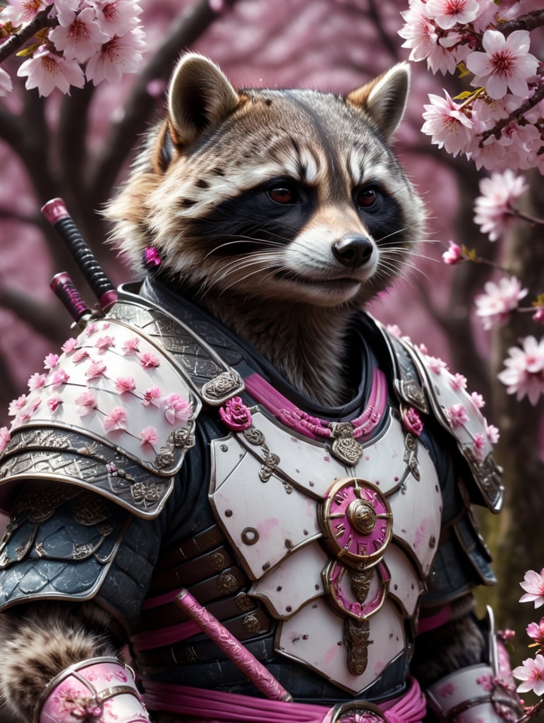 raccoon white samurai, pink sakura background, tiny, 4k, full hd