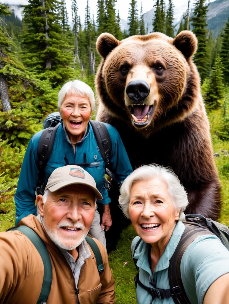 an old couple adventurers makes selfie with angry grizzly bear in Canada, British Columbia, forest location