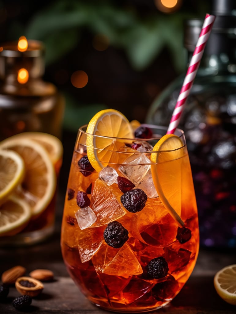 Gin cocktail with dried fruit slices, mood lighting