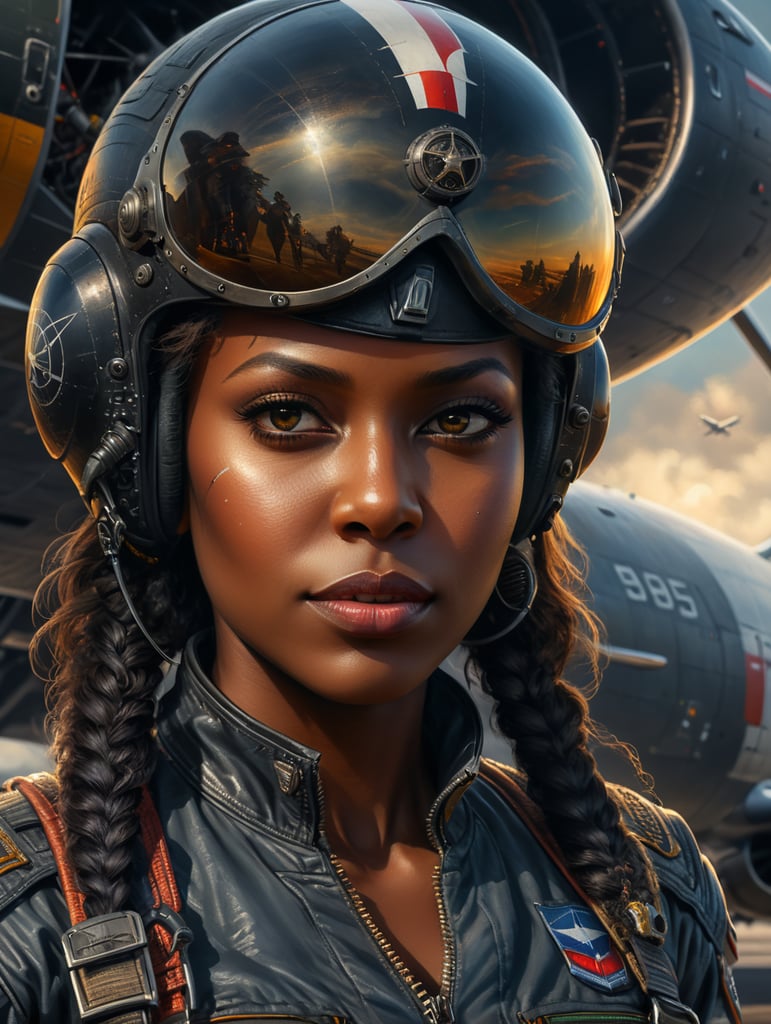 Black female pilot standing beside airplane