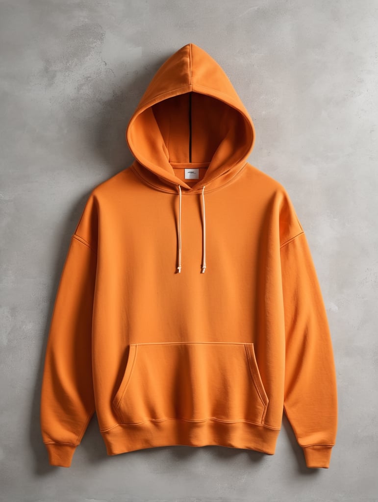 drop shoulder orange vintage washed hoodie without drawstrings blank mockup, laying on a concrete floor