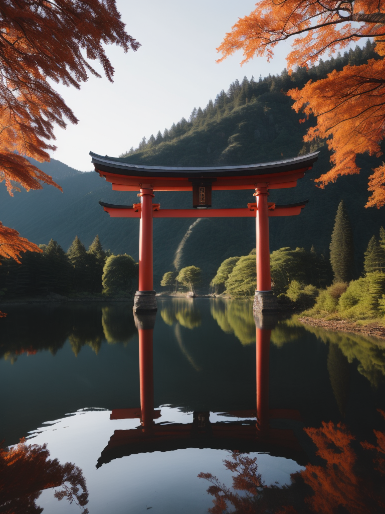 Red torii gate in middle of a lake, Dense forest on the edge of the lake, Bright and saturated colors, Japanese culture, photorealistic, contrast light