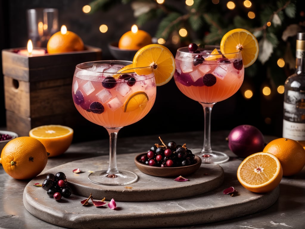 Christmas Cocktail with Extra Dry Gin and Rose Cider, rose petals, halved oranges, sliced ​​lemons with In a set design with bricks, black currant and dry leaves.