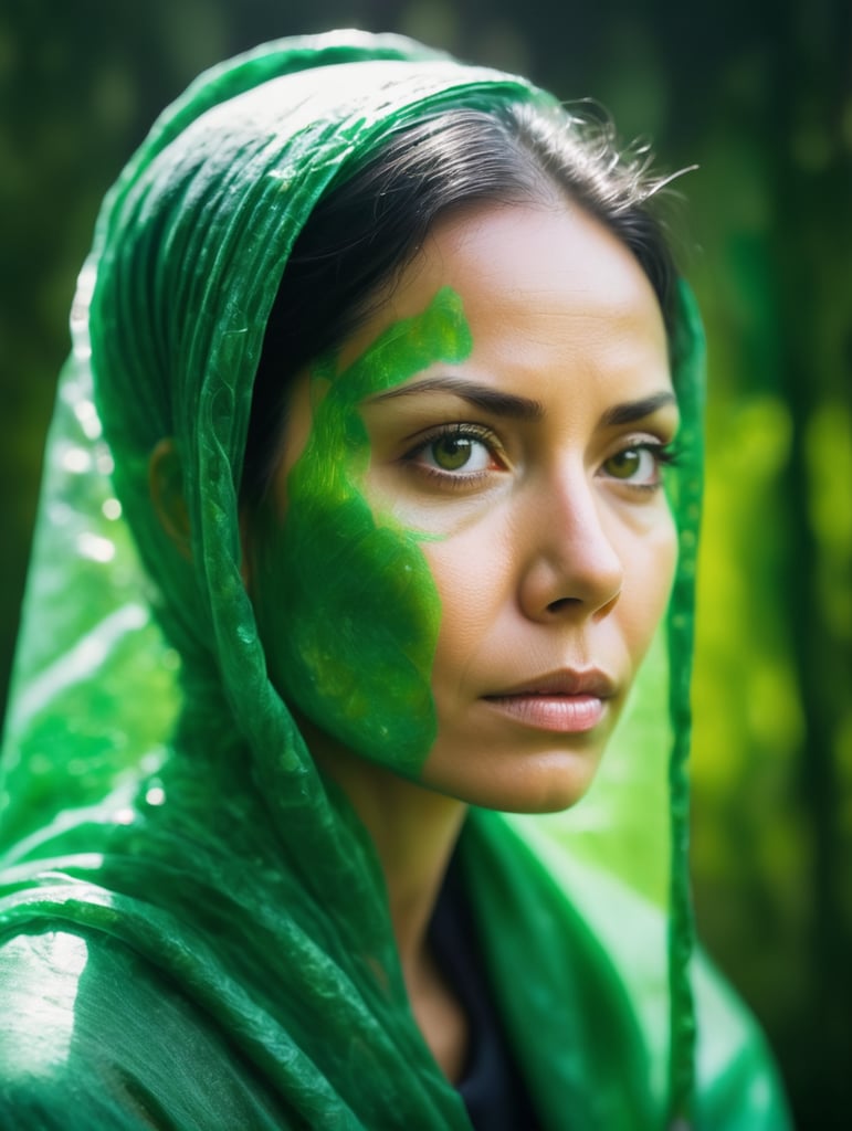 Portrait of a woman experiencing spiritual experience, wrapped green film