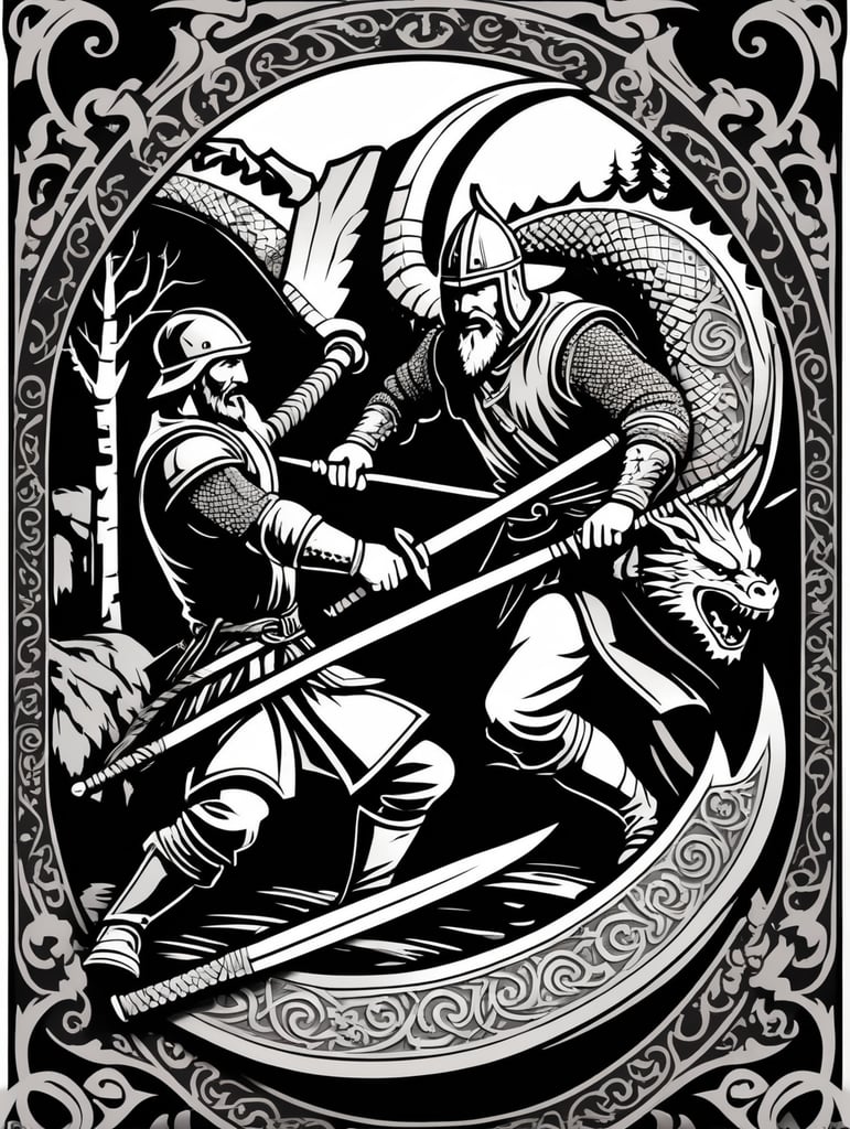 Peasant and dragon combat, wood cutting style, vector graphics, viking era, bevel with rune, black and white