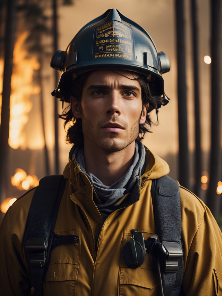 epic portrait of a Firefighter, close-up, forest fire, British Columbia Wildfire, Canada