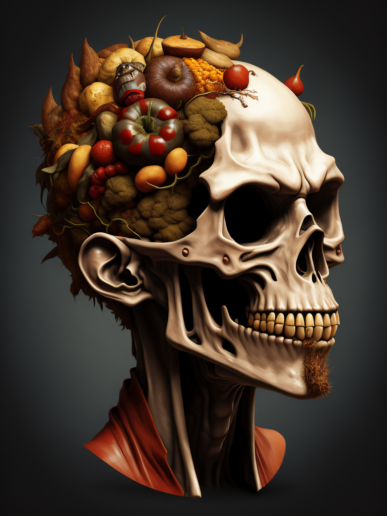 The anatomy of a zoombie head made of junk food, an ultrafine detailed painting by james jean, octopath traveler, behance contest winner, vanitas, angular, altermodern, surreal