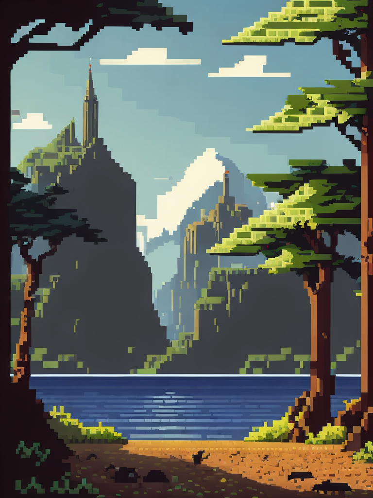 Landscape, pixel art, big pixels, square pixels, vector