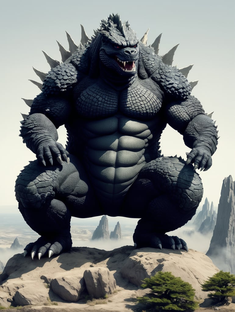 Godzilla squatting over a continent with his big fat butt