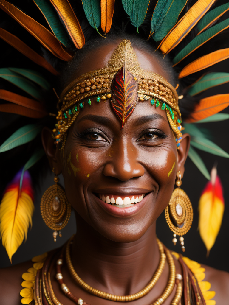 Papua New Guinea lady smiling, head dress, bright multi coloured feathers, chocolate brown coloured dark background of leaves , tropical, dramatic light, vibrant iridescent colours, tribal face paint