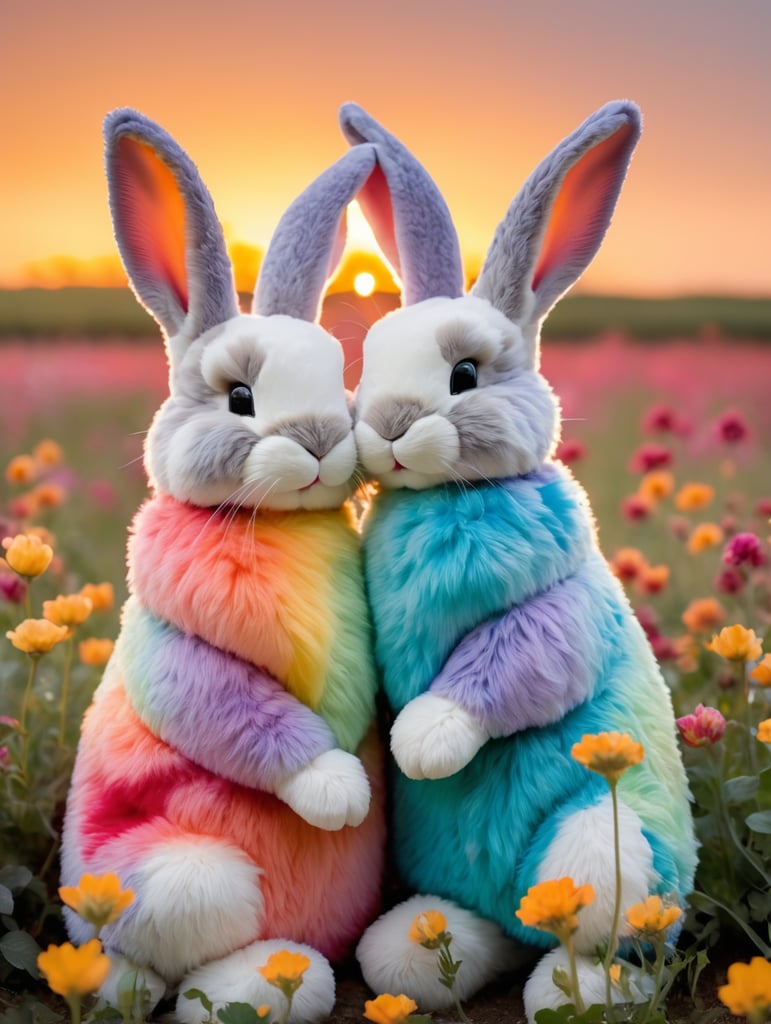Two tie dye rainbow fur bunnies cuddling in field of flowers sunset