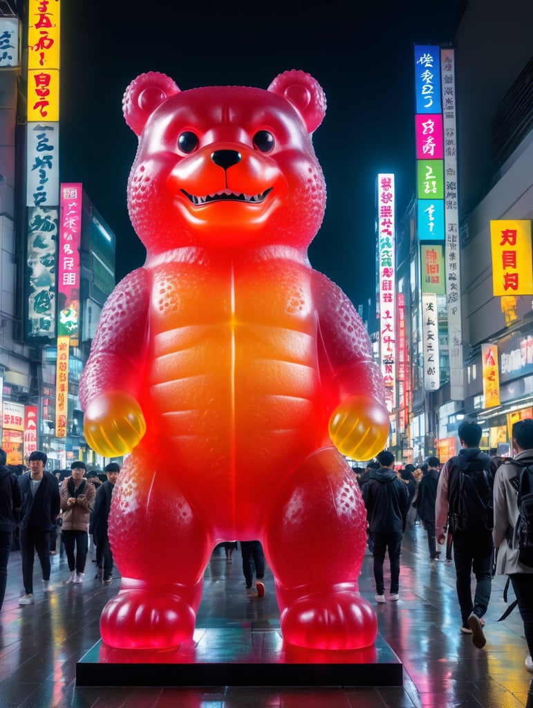 A giant Japanese gummy bear godzilla, translucent, 4 stories tall, walking through Tokyo at night, neon rainy city, cyberpunk, techno city