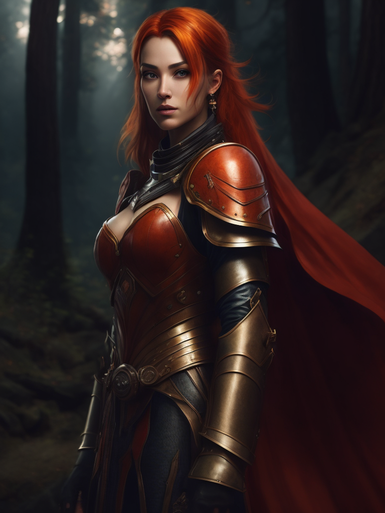 A young beautiful girl in red armor and red hair against the backdrop of a forest in red-burgundy tones, blurred background, focus on the girl, detailed armor, Dramatic Lighting, Depth of field, Incredibly high detailed