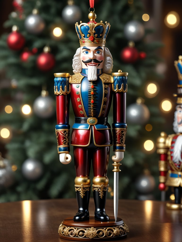 Festive Nutcracker Ornament in Glass, chess piece, King, elegantly carved wood fused with filigree metal design, stylish
