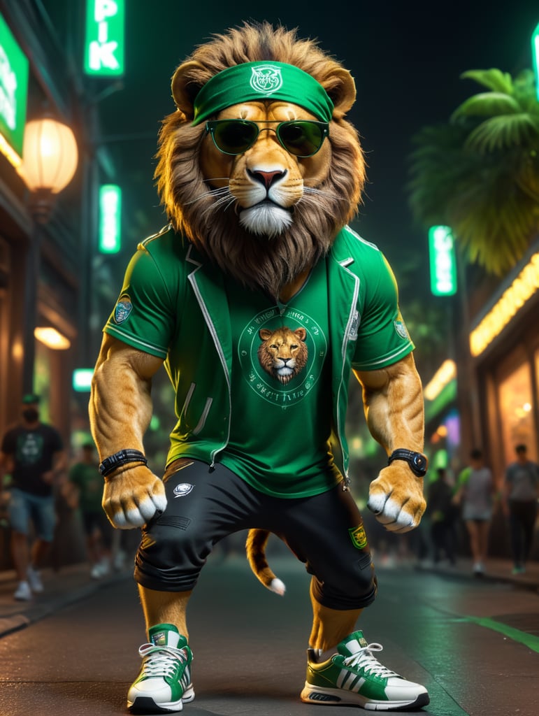 realistic lion, wearing green night life outfit and sneakers,8k, unreal engine render, full body wearing sunglasses and bandana