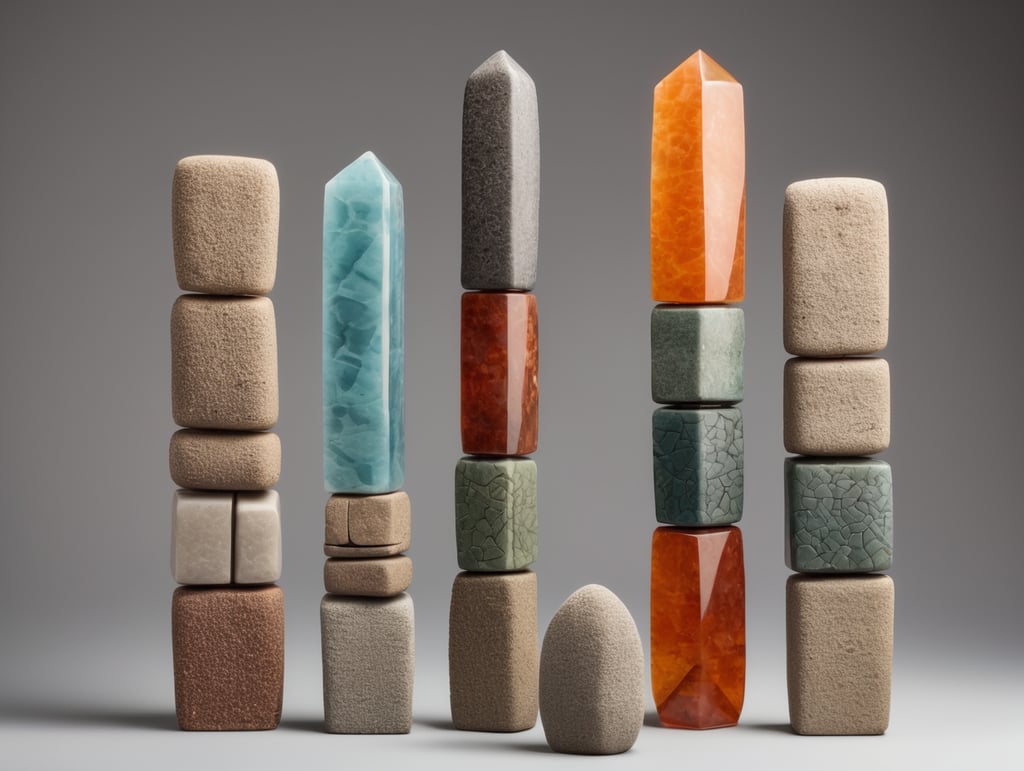 Tótem de cerámica de 5 figuras geométricas de materiales rocosos y en medio del Tótem una piedr de color vibrante en material semitraslucido. Mucho margen