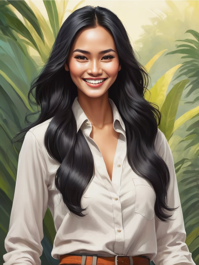 indonesian woman, wearing an unbuttoned shirt, smiling, long black hair