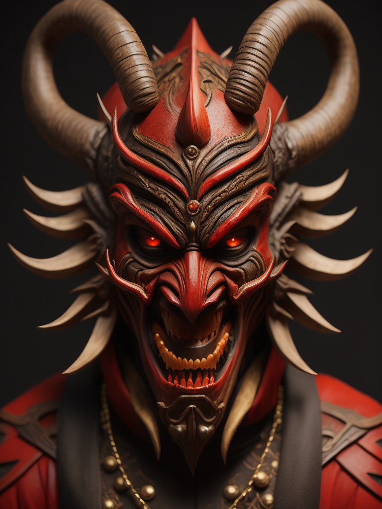 wooden red japanese demon mask with fangs and horns, black background, aggressive, Depth of field, Incredibly high detail