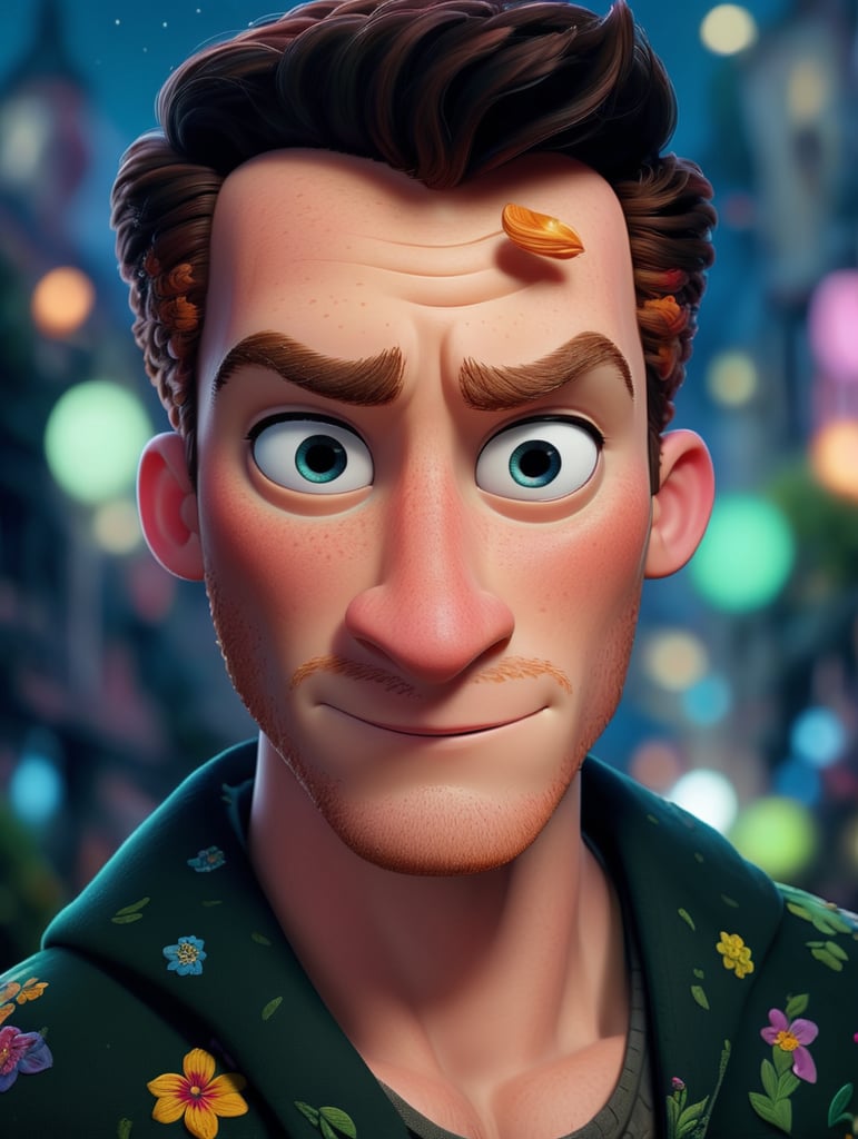 Beautiful ginger man with freckles, wearing a colorful, vibrant, detailed embroidered jacket, medium-full shot, at night