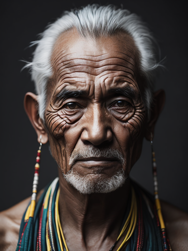 Portrait of a tribal elder with a face tattoo, photography, beautiful, black background, colorful, realistic, masterpieces, top quality, best quality, official art, beautiful and aesthetic