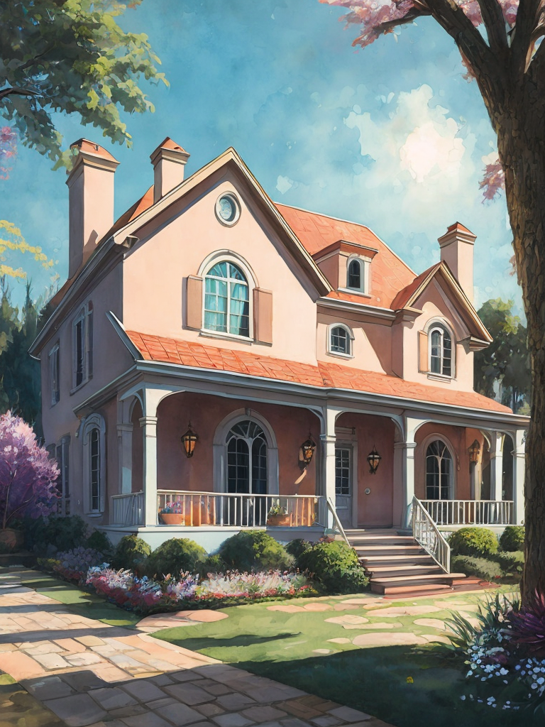 fairytale house, Marty Bell, openwork veranda, day, sunlight, blue sky, flowers near the house, lawn, pastel colors, transparent colors, pink, blue, purple, green, white