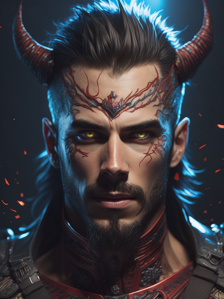 Highly detailed character design, a man with jagged broken teeth, wicked grin, wearing a red and blue tunic, intricate floral embroidery, cybernetic eyes, heavily lined, wrinkled, haggard face, spiked pauldrons, glowing details, ultrafine detail, epic cinematic lighting, action scene, seapunk, salvagepunk, cyberpunk art by Ruan Jei, Josan Gonzalez, Wayne Reynolds, vray render, volumetric lighting, postprocessing, sharp focus