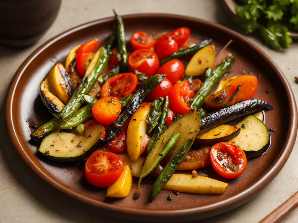 grilled vegetables on a clay plate. lots of light in a bright room