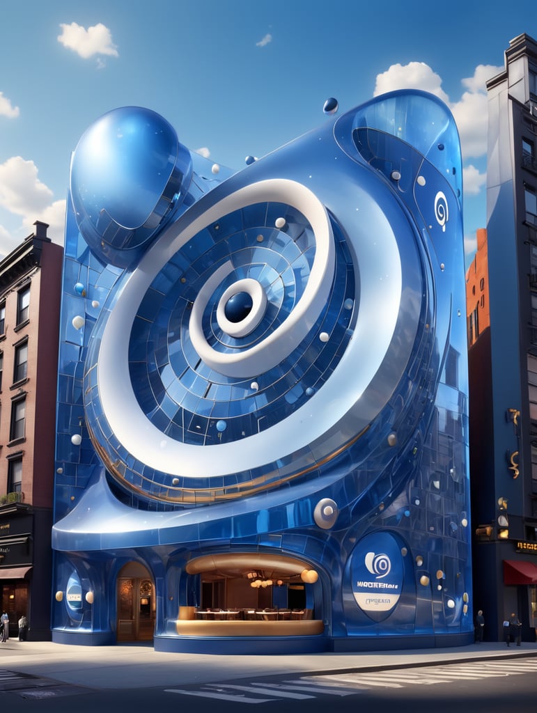 A futuristic neocosmic architectural facade of à Restaurant on the form of a musical note, in New York city, in blue glass, hyper realistic, hyper detailed, Nikon camera