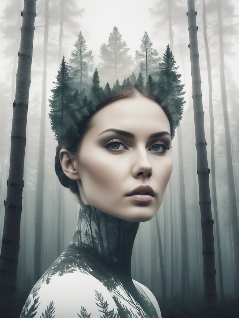 Nordic queen filled with a forest , double exposure, crisp lines, monochrome background
