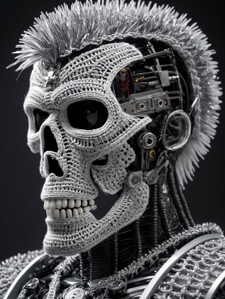 a metal skeleton of a terminator t-800 wearing very hirsute crocheted sweaters for sheeple, portrait