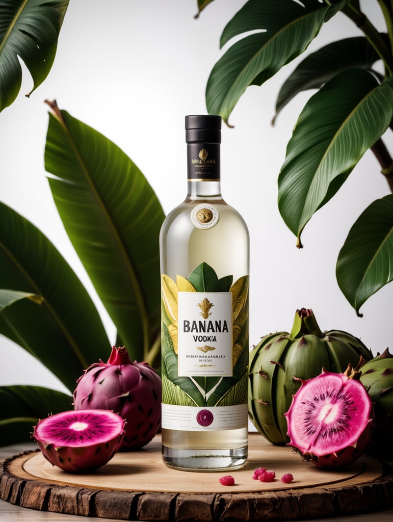 Packaging and branding for a banana vodka brand as if it had been designed by HI ESTUDIO with In a set design with banana, dragon fruit and dry banana leaves.