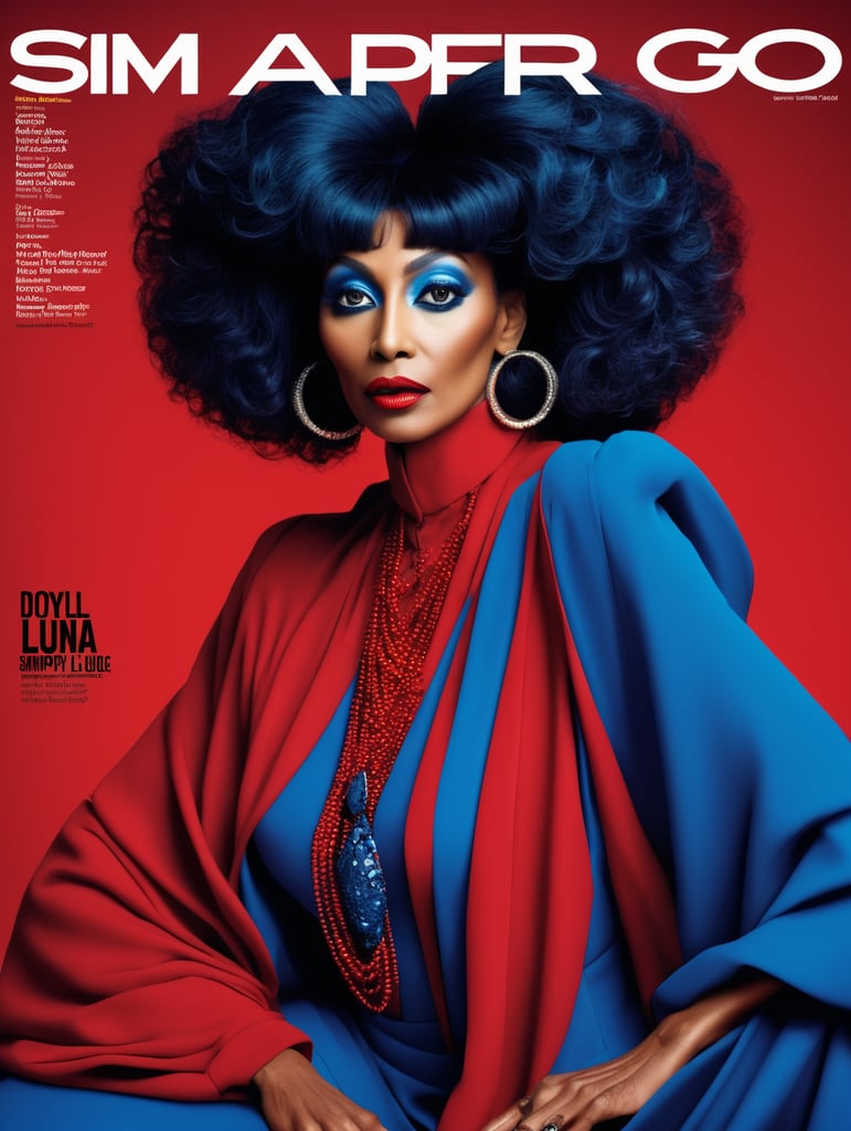 Donyale luna, avant-garde, simplygo, photoshoot spread, dressed in all red, blue background, harpers bizarre, cover, headshot, hyper realistic