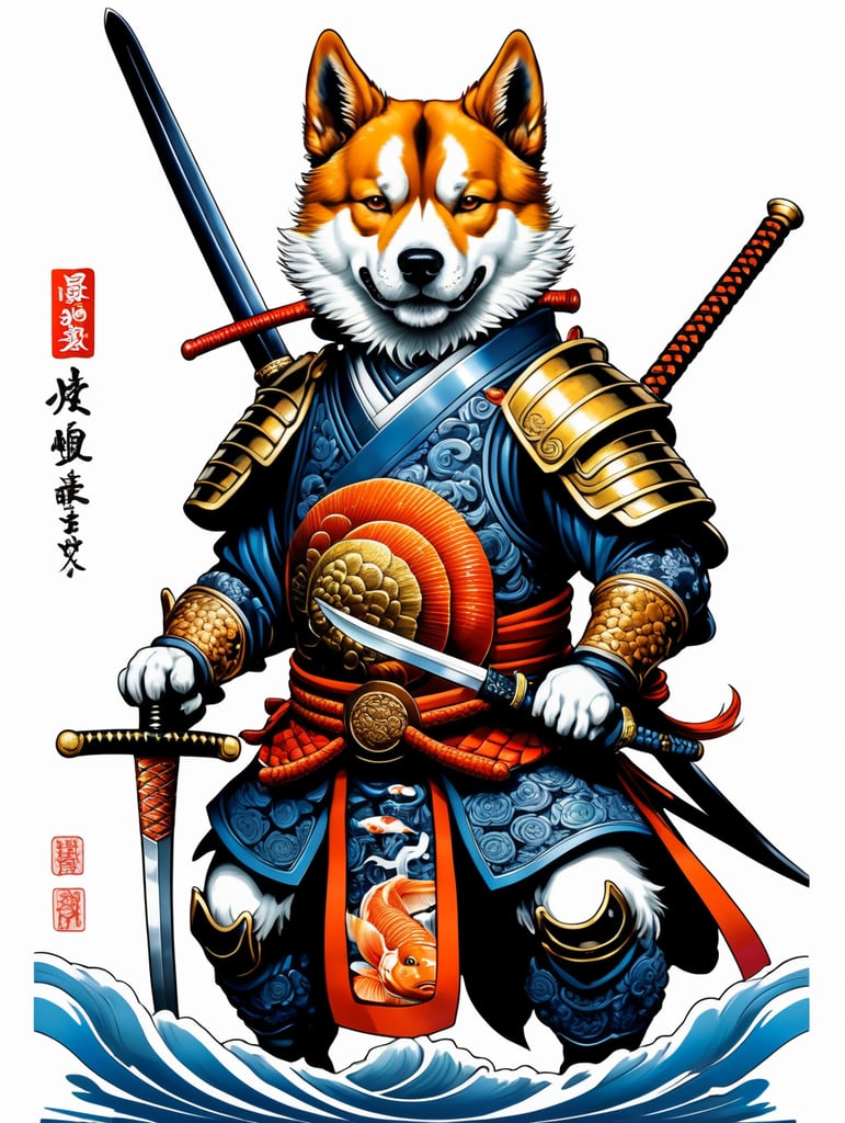 There is a dog with a fish and a sword on a white background, samurai dog, dog warrior, armored dog, anthropomorphic dog ninja, samurai deity with koi armor, by kanō tan'yū, highly detailed and colored, in the art style of ukiyo - e, inspired by utagawa kuniyoshi