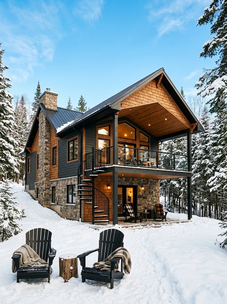 A modern two-story winter cabin mixing dark grey siding, cedar shakes, and stone under a bright blue sky. It features a covered upper deck with glass railings and a black spiral staircase. Two dark Adirondack chairs rest in the snowy foreground against a backdrop of snow-dusted pine trees.