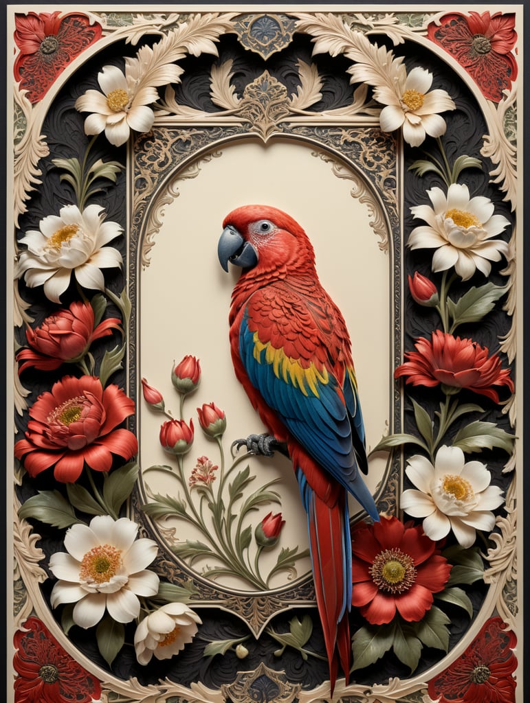 duochrome ink red on cream letterpress print of folk parrot and flowers ornate frame design, empty space in middle for text, in the style of William Morris