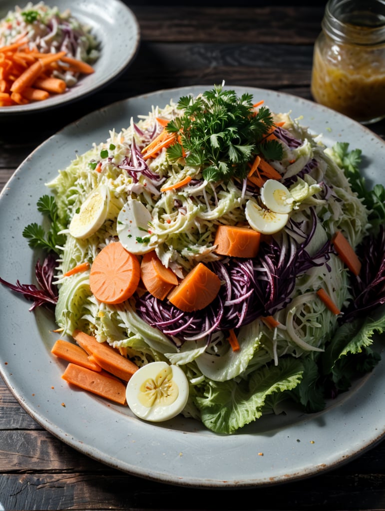 Coleslaw, small plate on a wooden table, Description: A classic side dish made from shredded cabbage and carrots, mixed with a creamy mayonnaise-based dressing or a tangy vinegar-based dressing, often served with barbecue and fried foods.