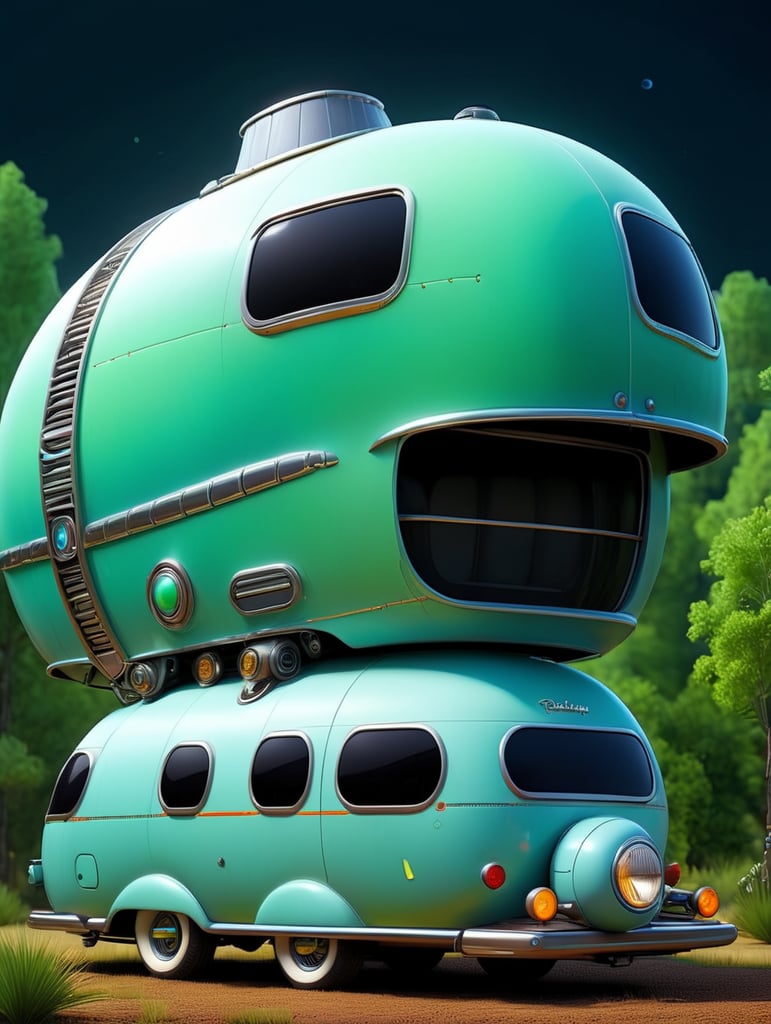 Futuristic alien Airstream camping trailers, steampunk and neon, cyber technology