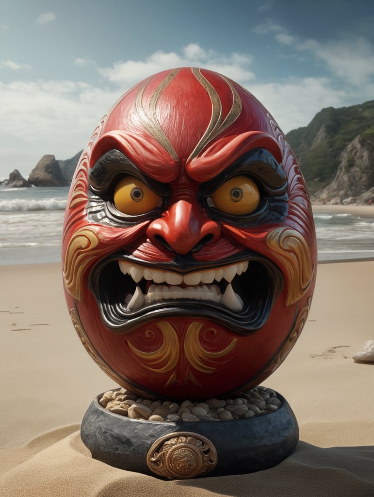 Japanese daruma figure as an egg. Situated on a beach close to the sea