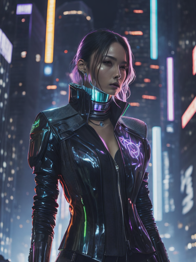 A woman wearing holographic cyberpunk clothing, surrounded by neon-lit cityscape reflections, vray render, ray tracing, subsurface scattering, by Josan Gonzalez and Liang Mark