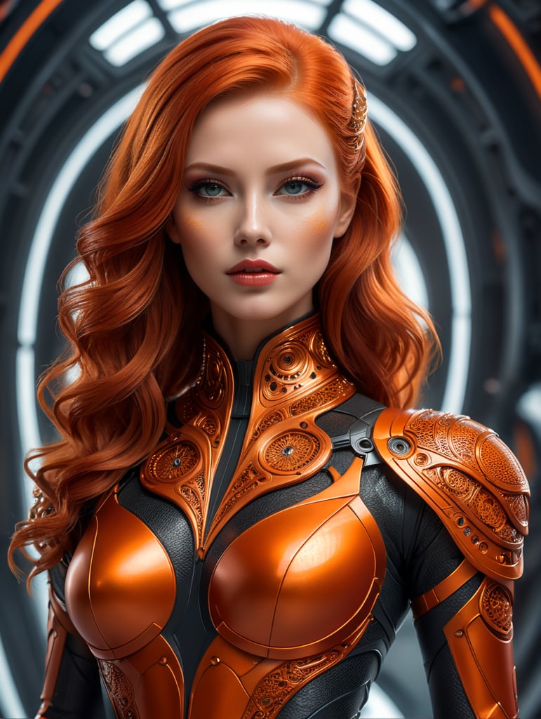 A beautiful redhead female artist all orange sleek futuristic outfit, with intricate patterns, details, design, clean makeup, with depth of field, fantastical edgy and regal themed outfit, captured in vivid colors, embodying the essence of fantasy, minimalist, film grain