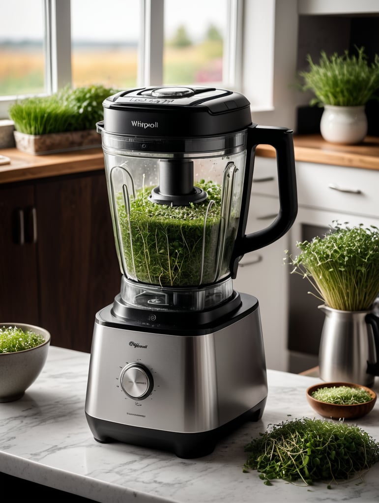 whirlpool blender with chopped up microgreens inside