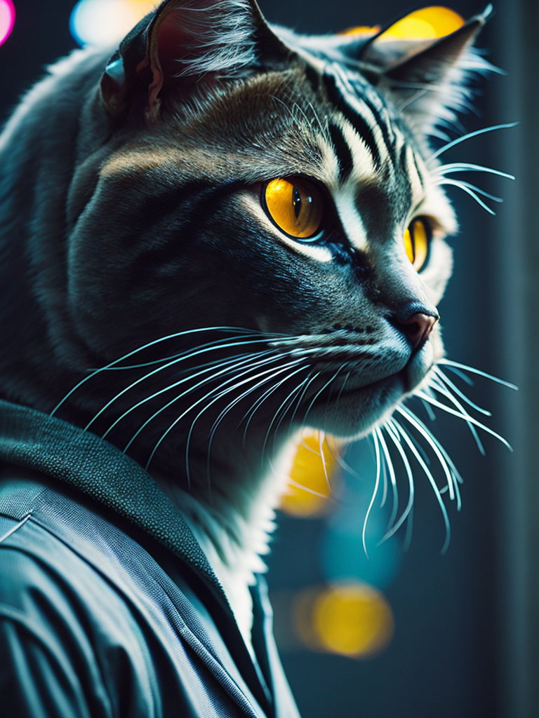 sophisticated grey cat in luxury bright pyjamas and sun glasses with tokyo street in the background. Colourful neon signs in the background.